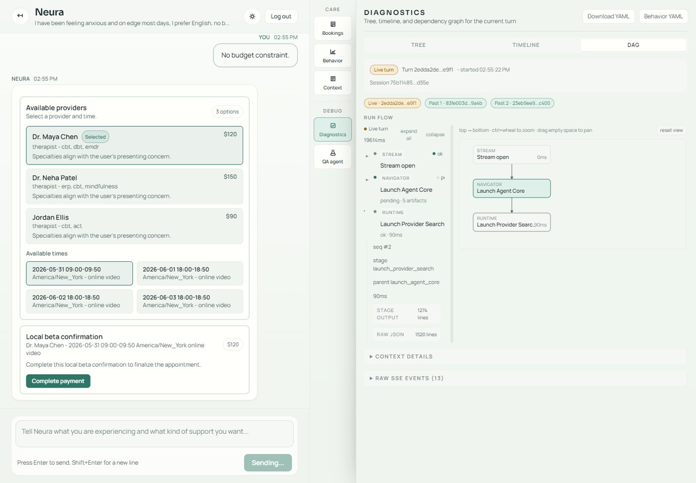 Provider matching, available booking slots, and payment flow beside the run dependency graph