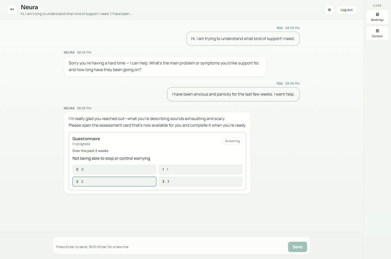 The system acknowledges distress and presents a structured patient screening questionnaire