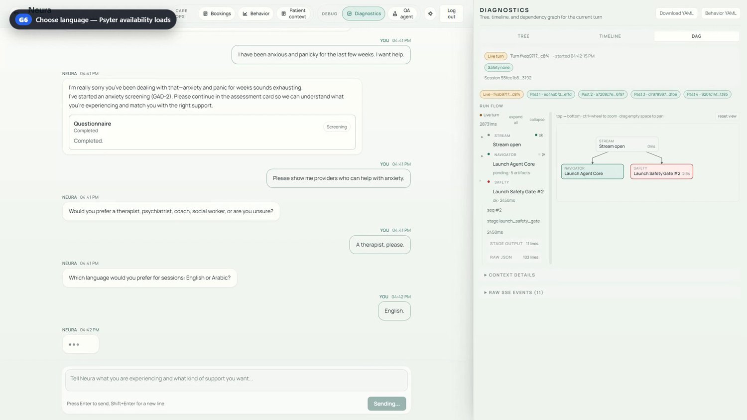 Patient conversation and live safety and execution diagnostics