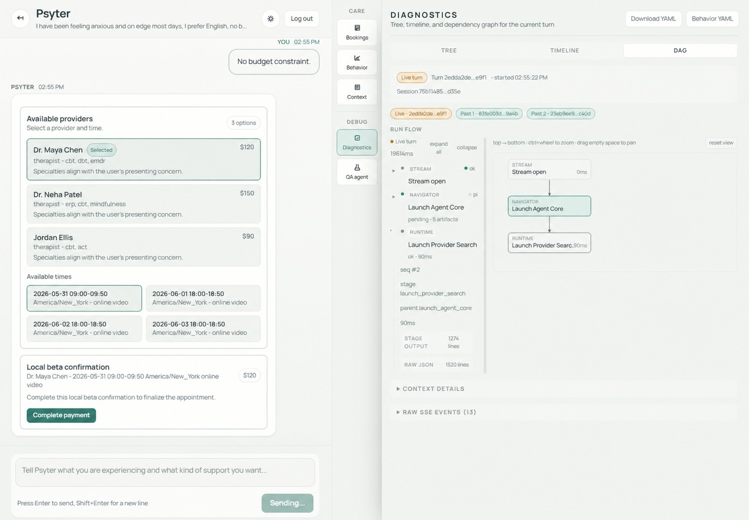 SaaSToAgent flagship system showing matched providers, available slots, and a payment confirmation on the left, with the run flow dependency graph on the right