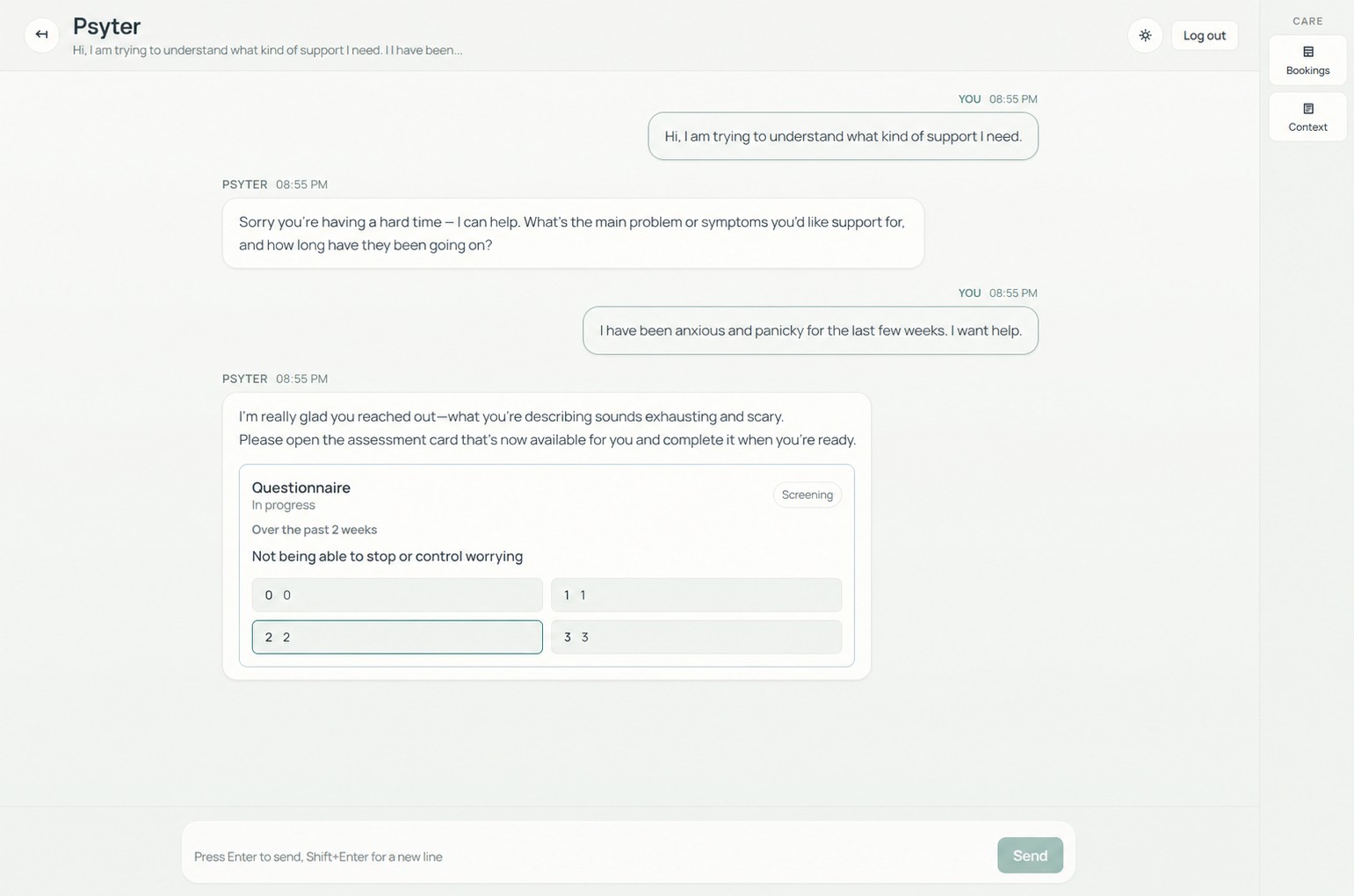 SaaSToAgent flagship system responding with empathy and presenting a structured screening questionnaire card to the patient