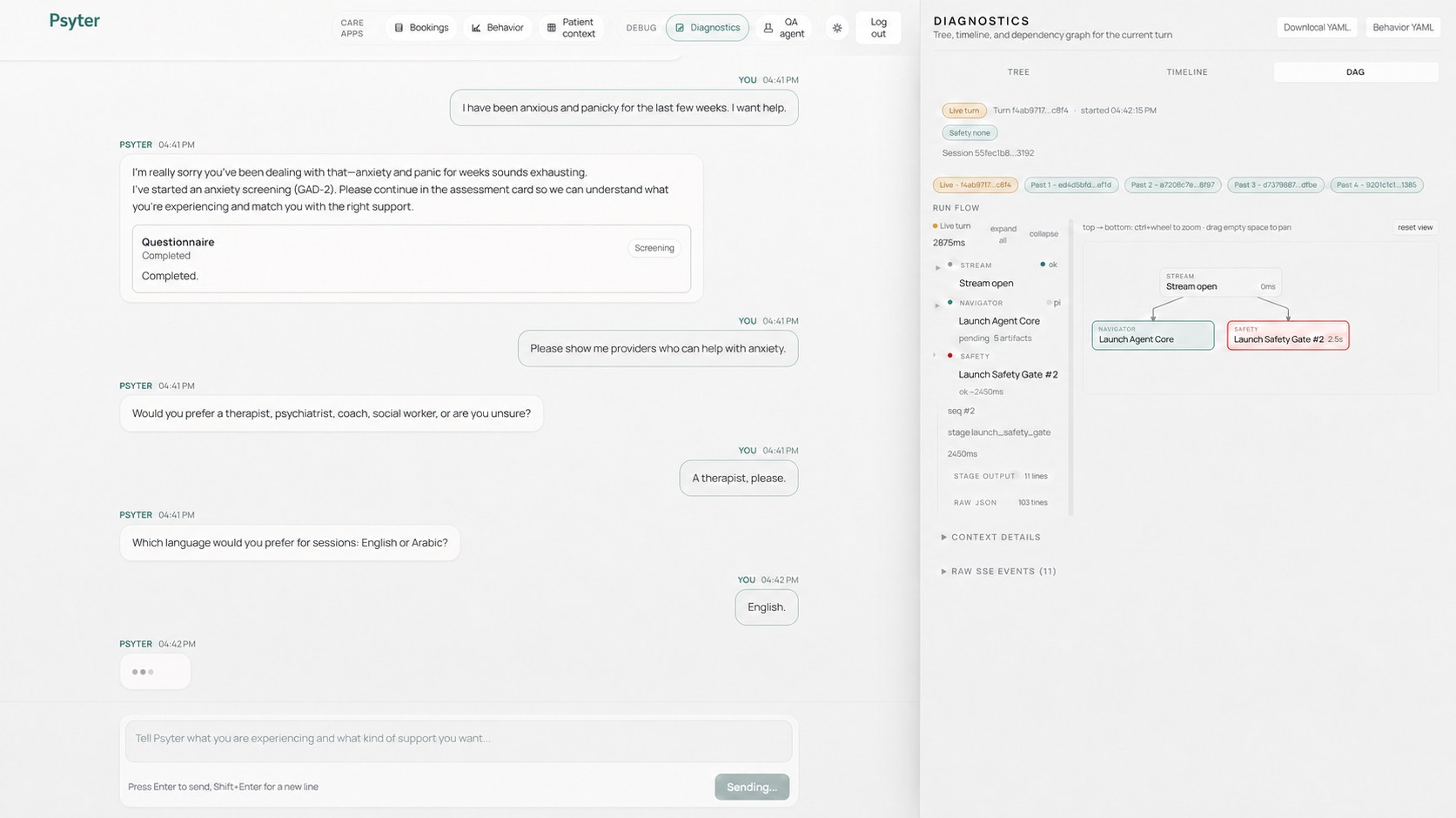 SaaSToAgent flagship system patient chat on the left; on the right, the live run flow for the same turn showing stream open, agent core launch, and safety gate, with a downloadable behavior YAML