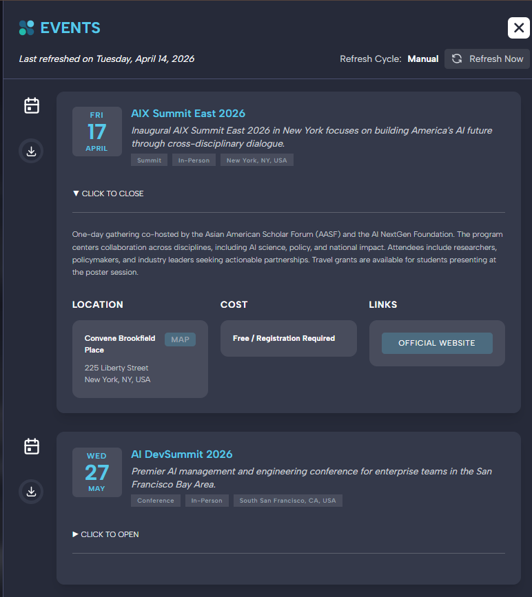 Events drawer showing AIX Summit East 2026 and AI DevSummit 2026 with last-refreshed and refresh-cycle metadata.