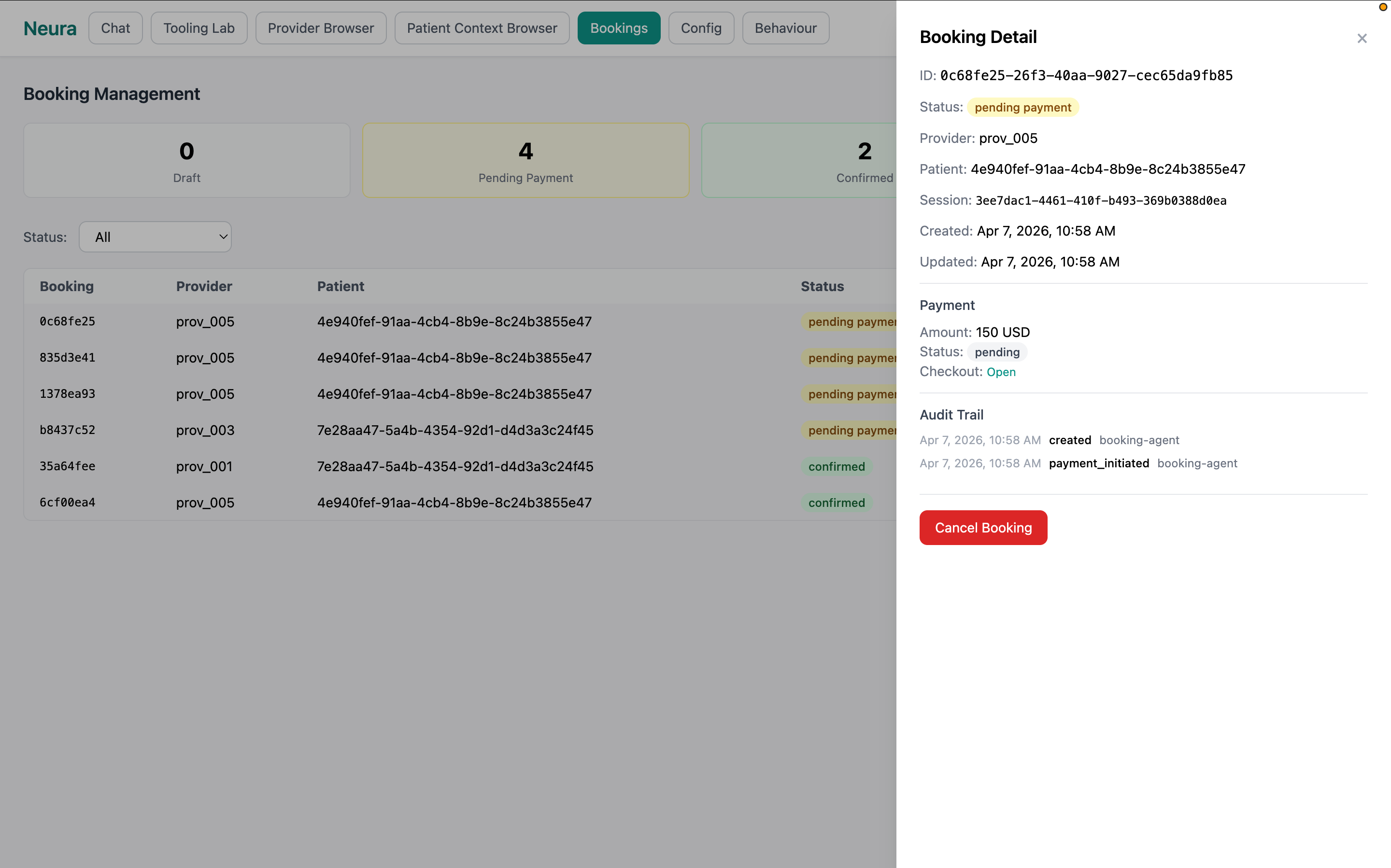 Psyter bookings and payment screen &mdash; confirmed sessions with invoice and reminder lifecycle