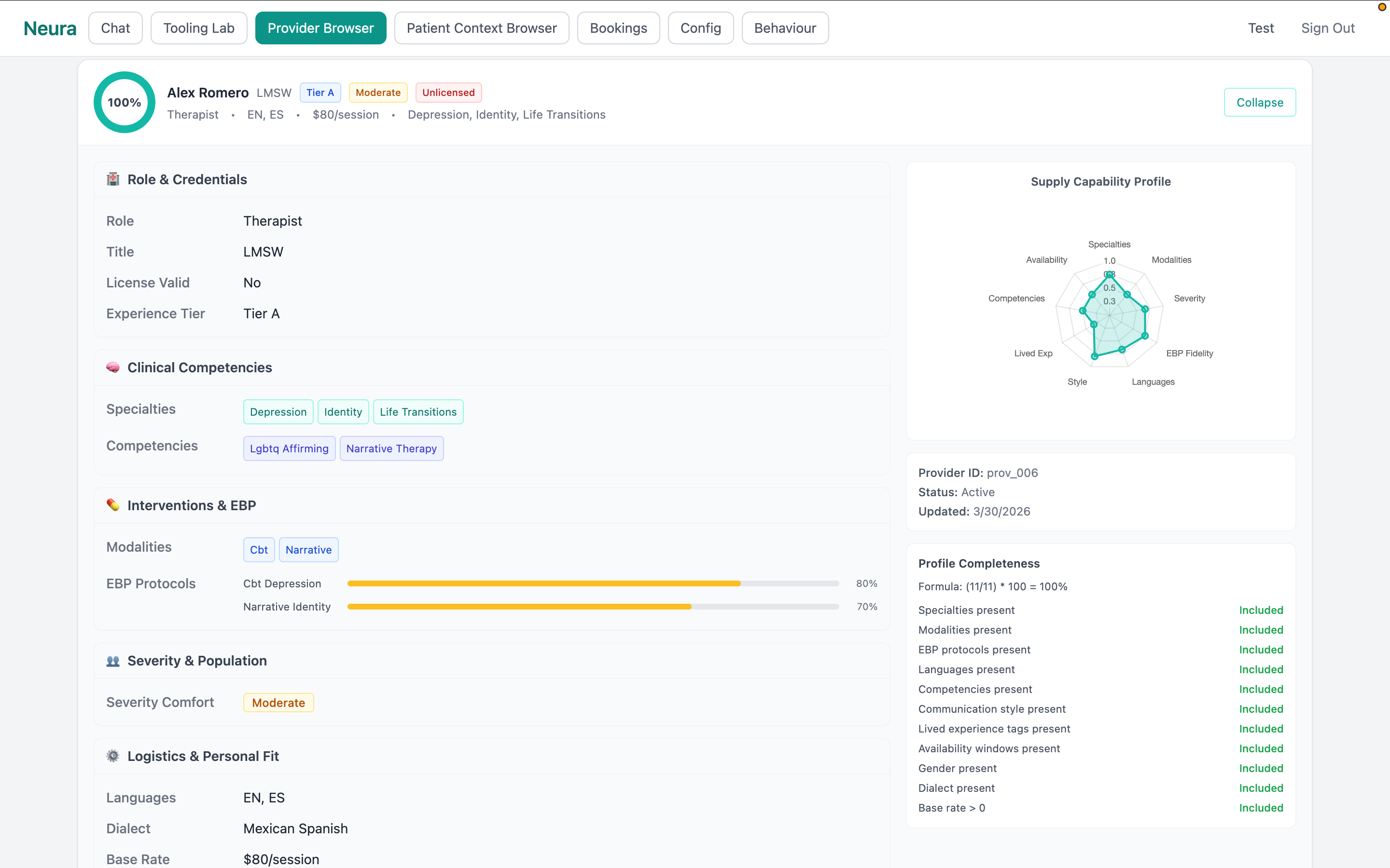 Psyter provider selection screen &mdash; selecting a credentialed provider from the ranked shortlist