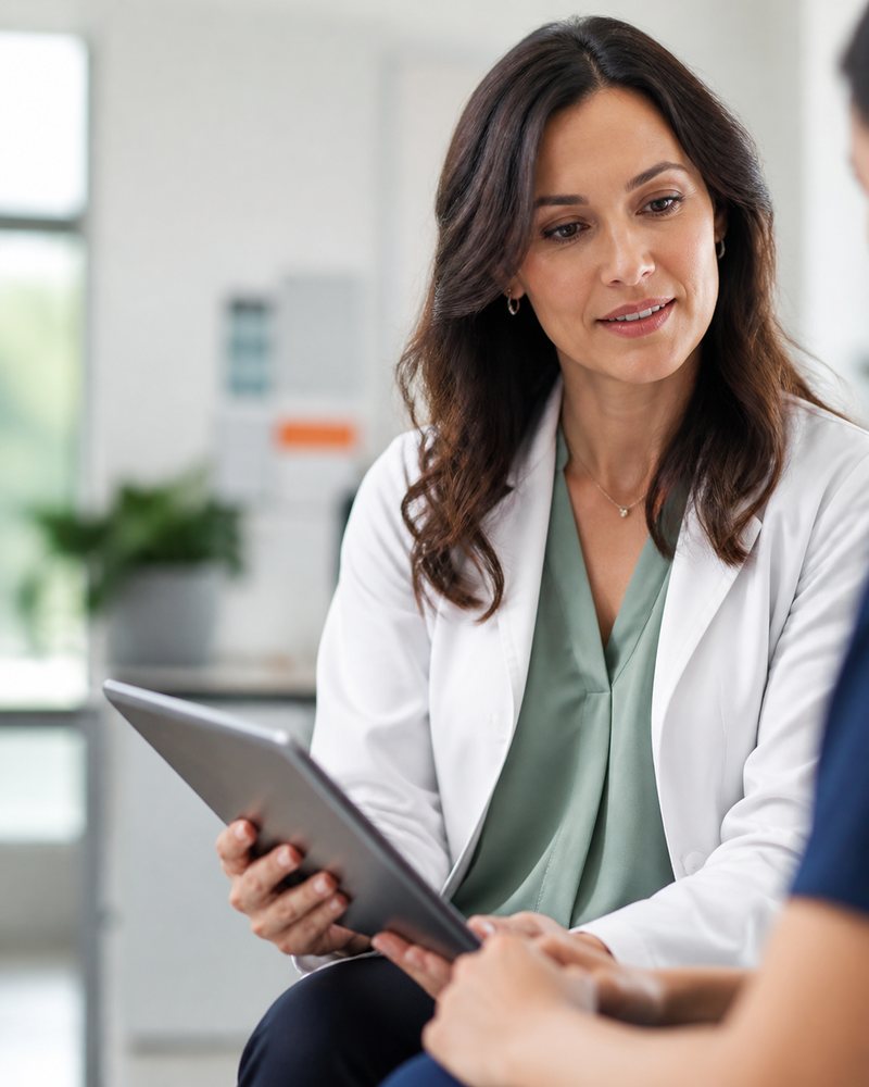 Healthcare operations leader reviewing a tablet with a colleague