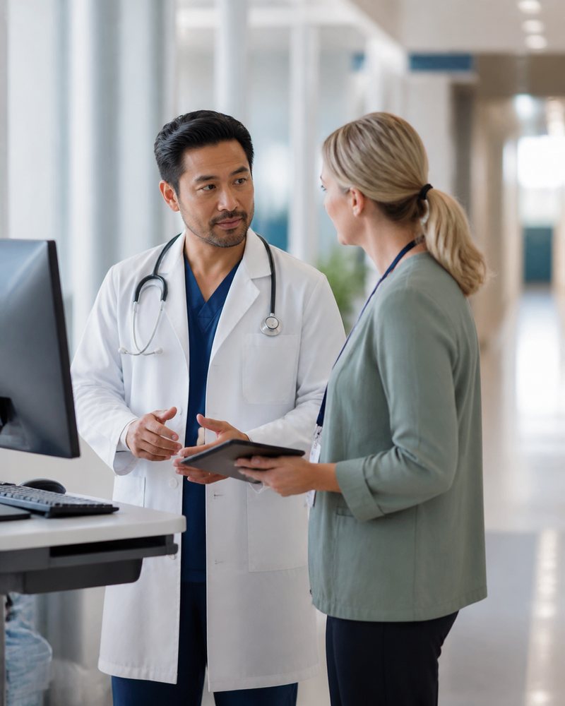 Physician and care coordinator collaborating in a hospital