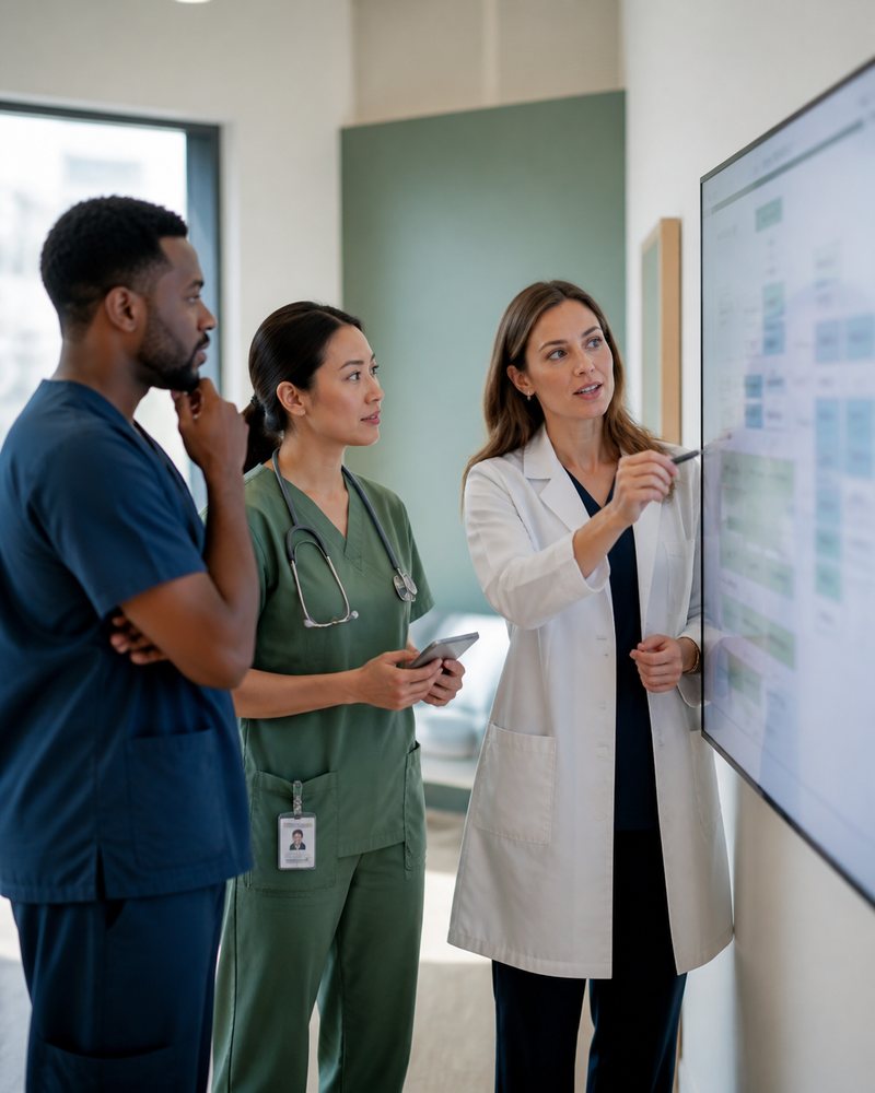 Healthcare team reviewing a workflow together